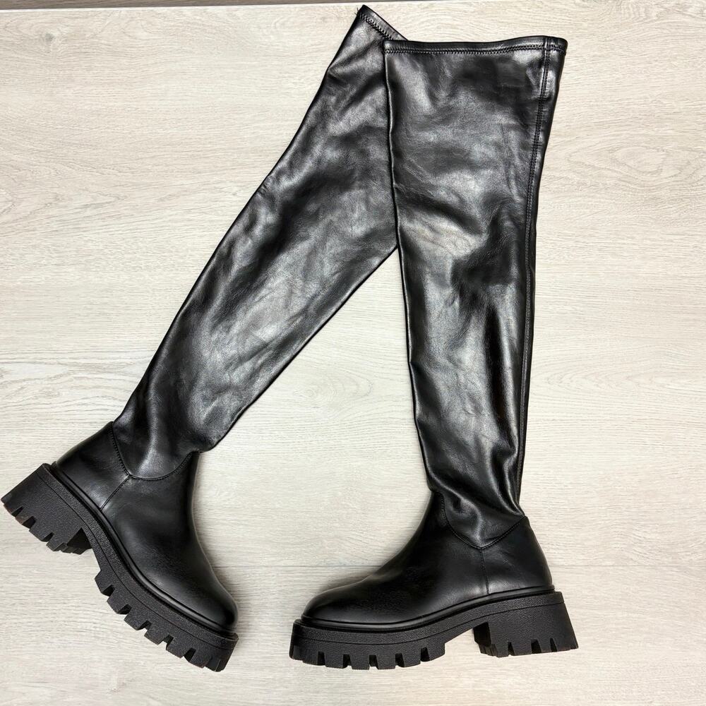Urban Outfitters OTK Boots Culver Black Over The Knee Lug Sole Boots Size 7